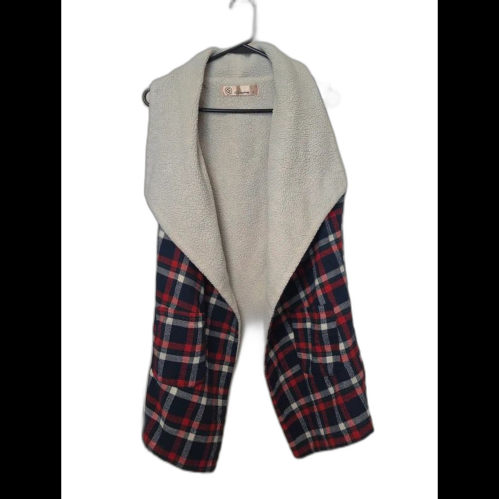 Small Red Navy Plaid Open Front Sherpa Lined Vest Fall Winter Pictures Festive
